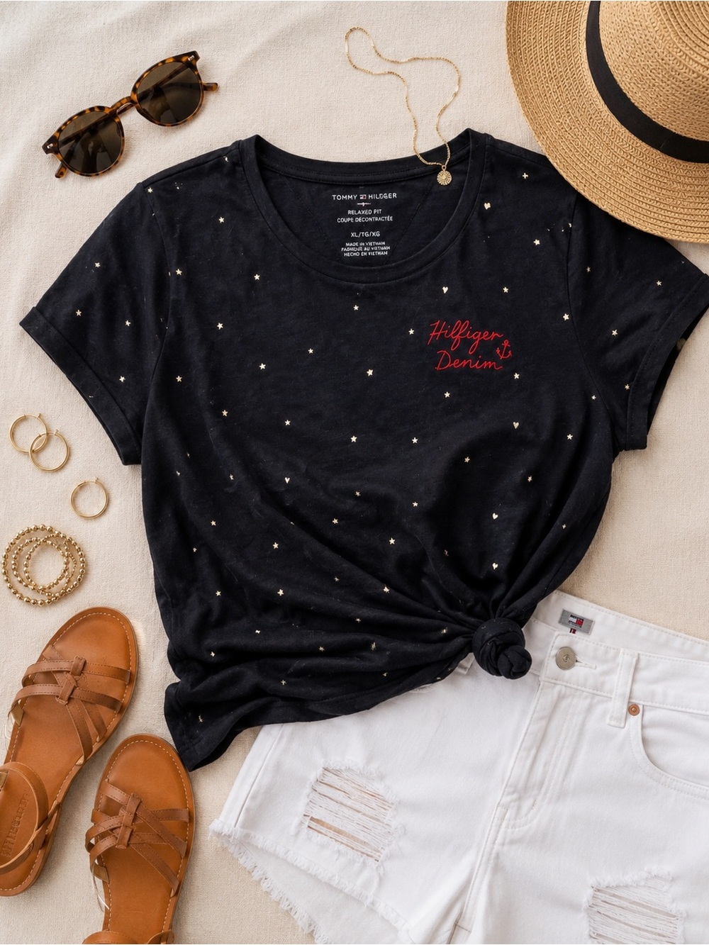 Tommy Hilfiger Black Short-Sleeve Star-Print Crew Tee w/ Red Logo|Nautical Chic